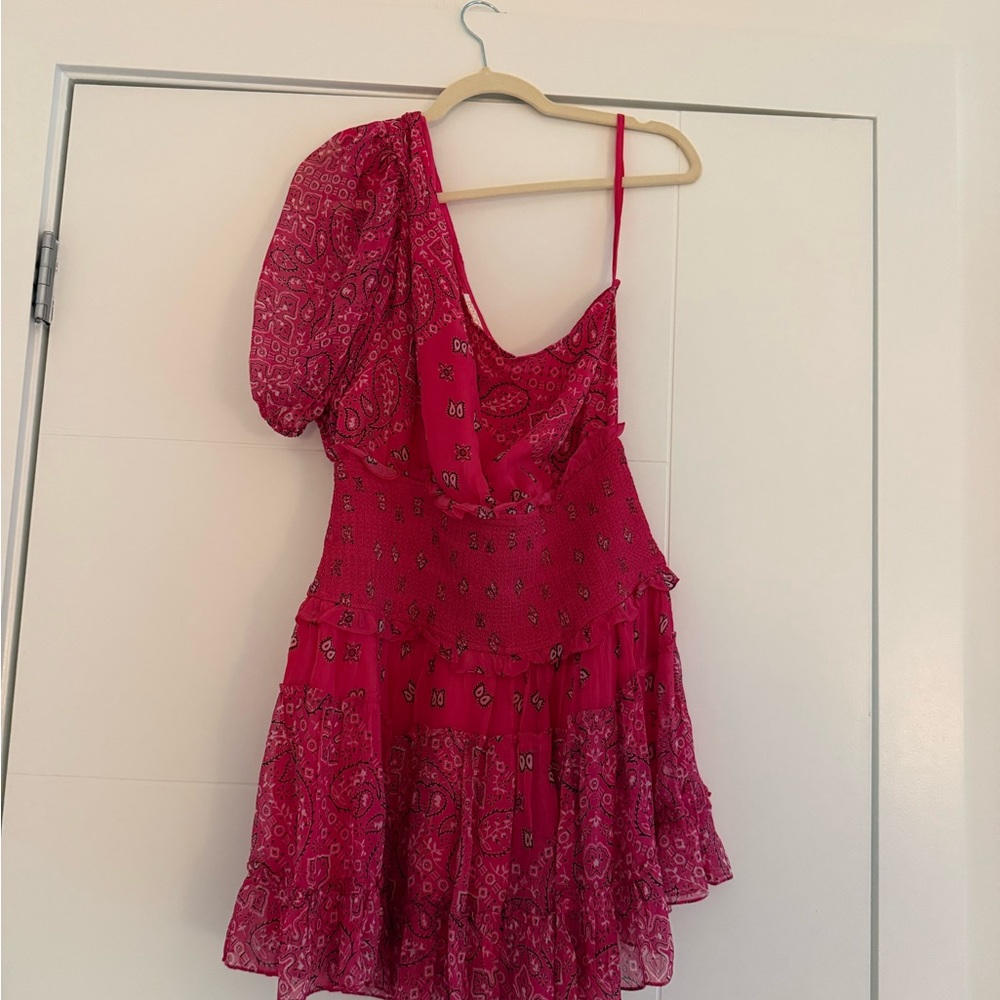 Rococo Sand One-Shoulder Fuchsia Bandana-Print Mini Dress